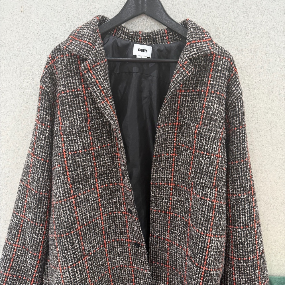 Obey Women's Gray and Red Checkered Blazer